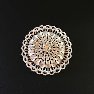 Vintage White Enamel & Rhinestone Lacy Brooch